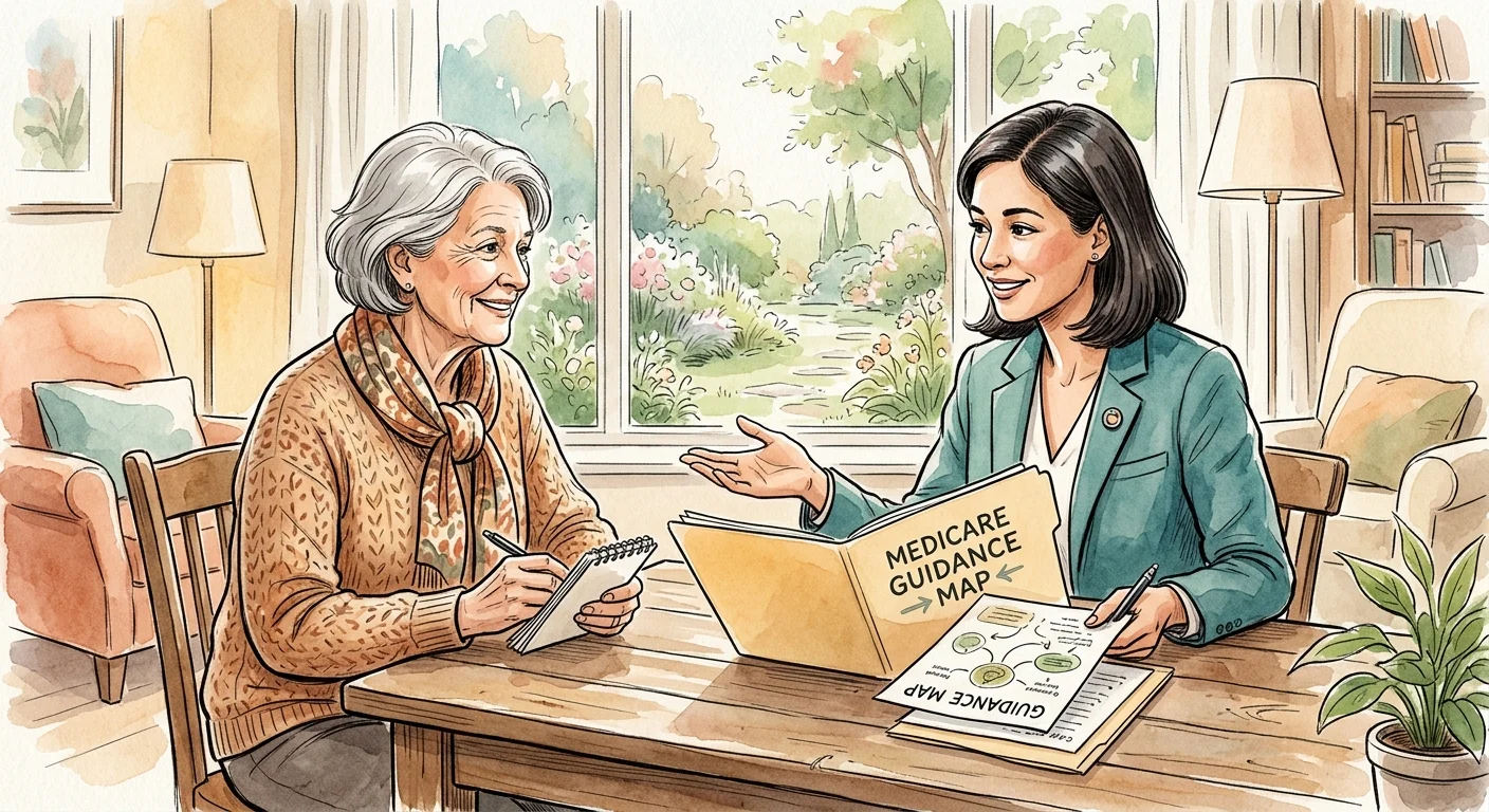 Watercolor illustration of an older adult consulting a supportive Medicare advisor who is sharing a guide map.
