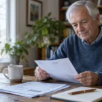 Senior man with grey hair sitting at a wooden table reading paperwork beside a steaming mug and notebook.