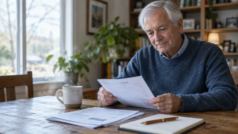 Senior man with grey hair sitting at a wooden table reading paperwork beside a steaming mug and notebook.