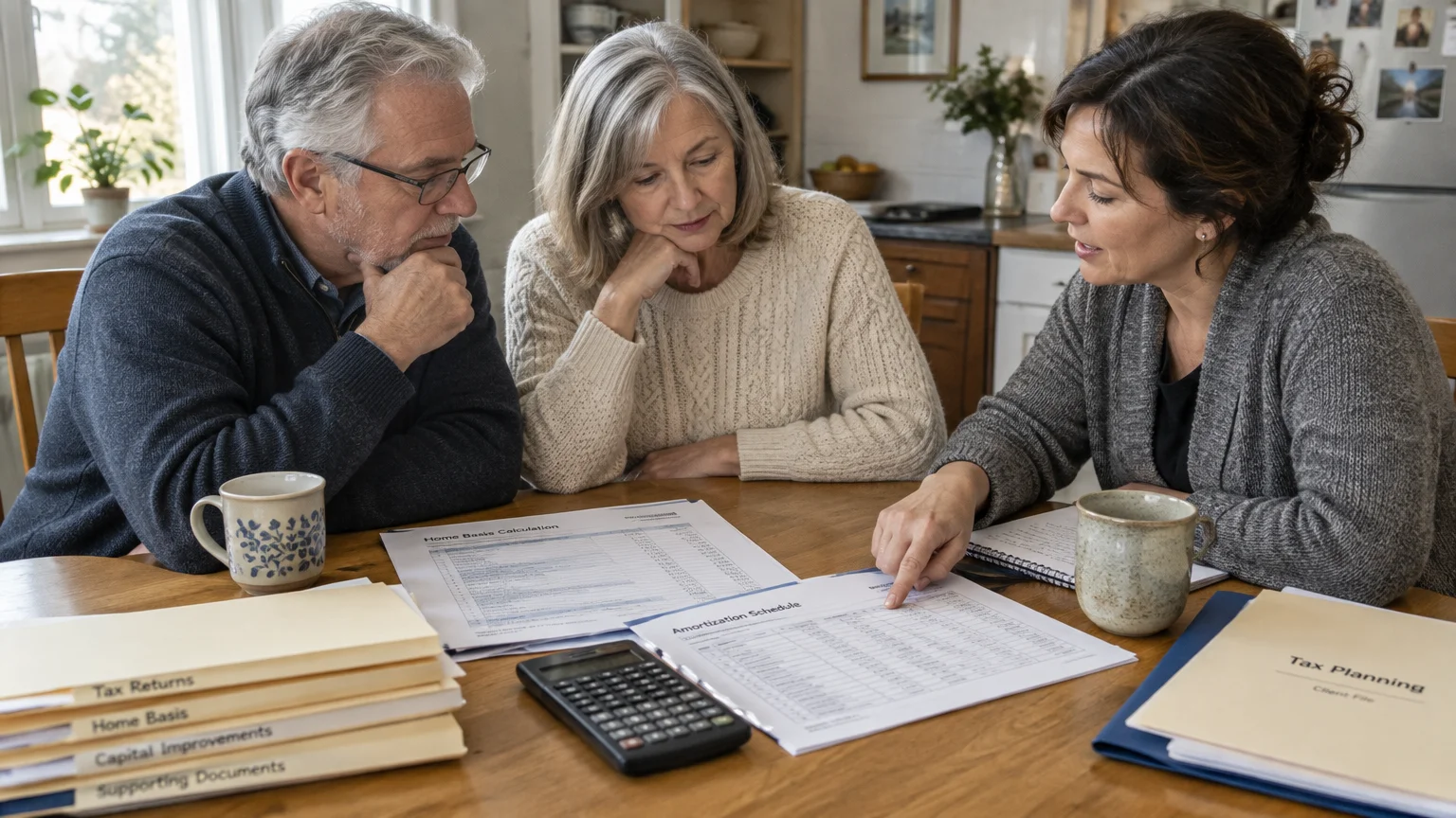 A professional explains financial paperwork on a wooden table to a listening mature couple beside stacks of tax folders.