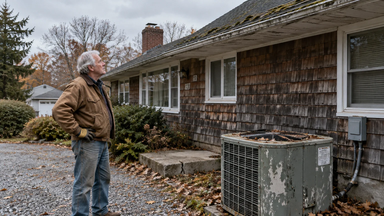 Older man in a jacket looks up at a mossy house roof beside a weathered outdoor air conditioning unit.