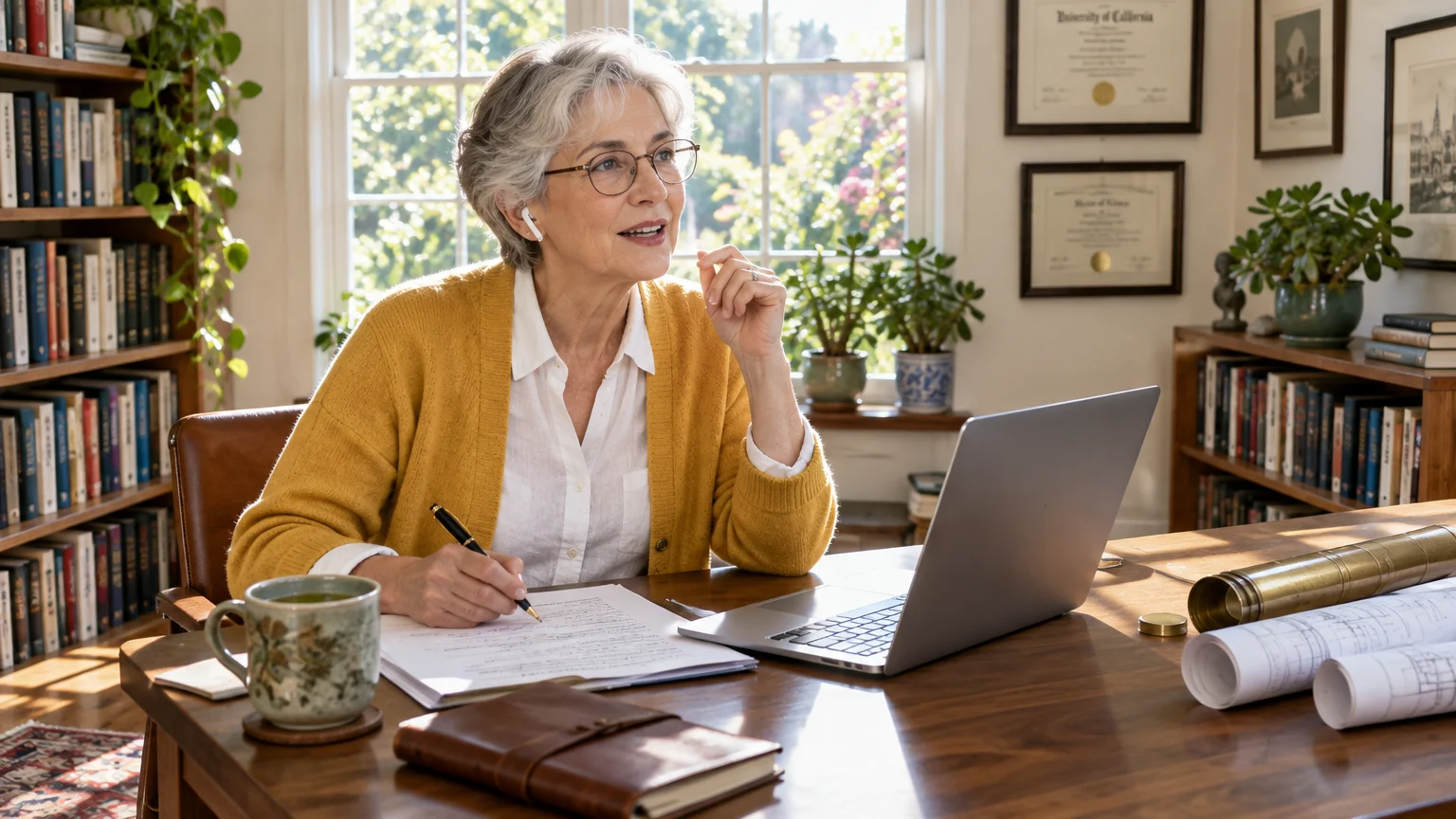 A woman with glasses and a yellow cardigan sits at a wooden desk with a laptop, taking notes in a sunlit home office.