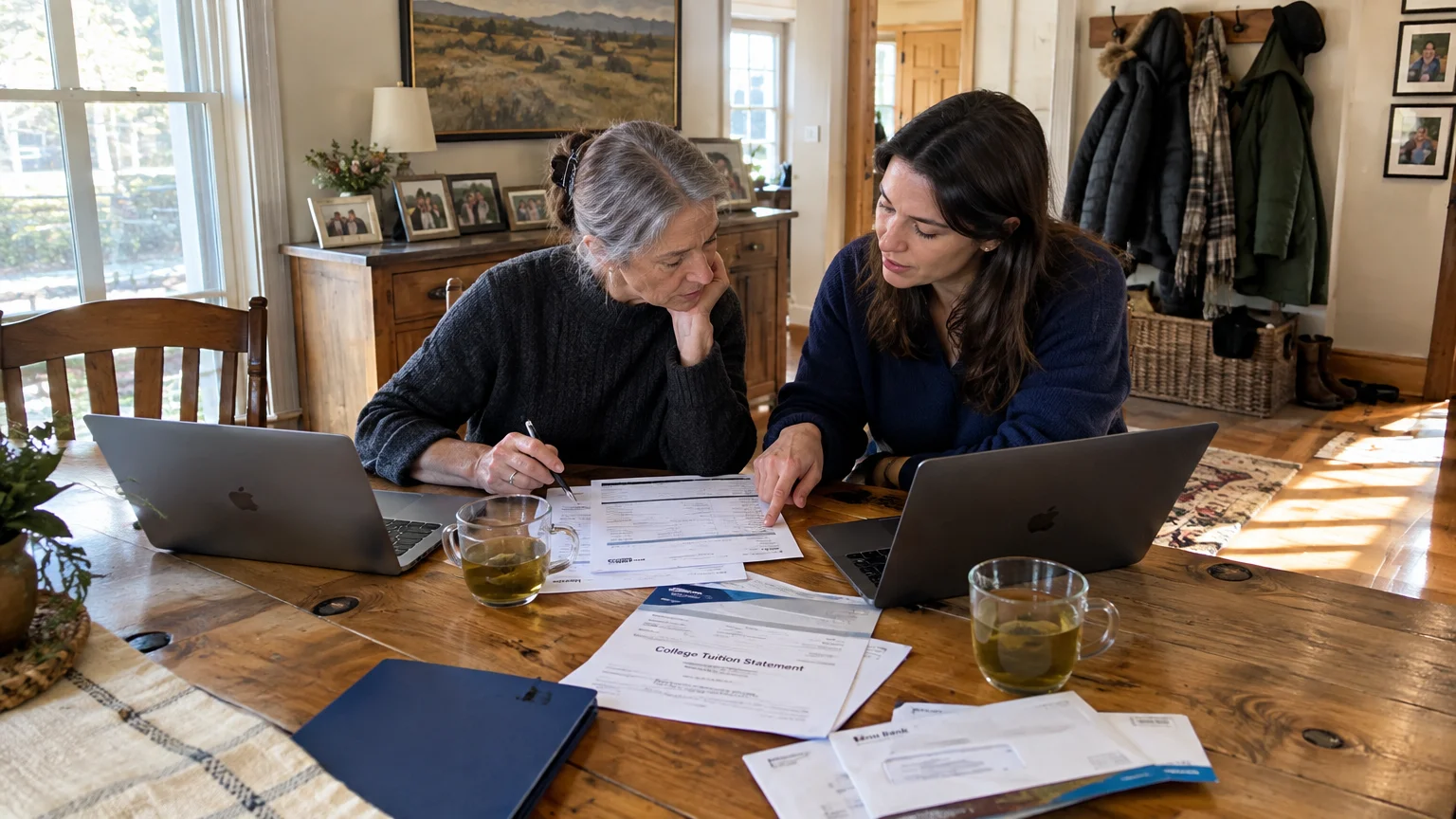 Two women sit at a wooden dining table reviewing paperwork, bills, and laptops together.