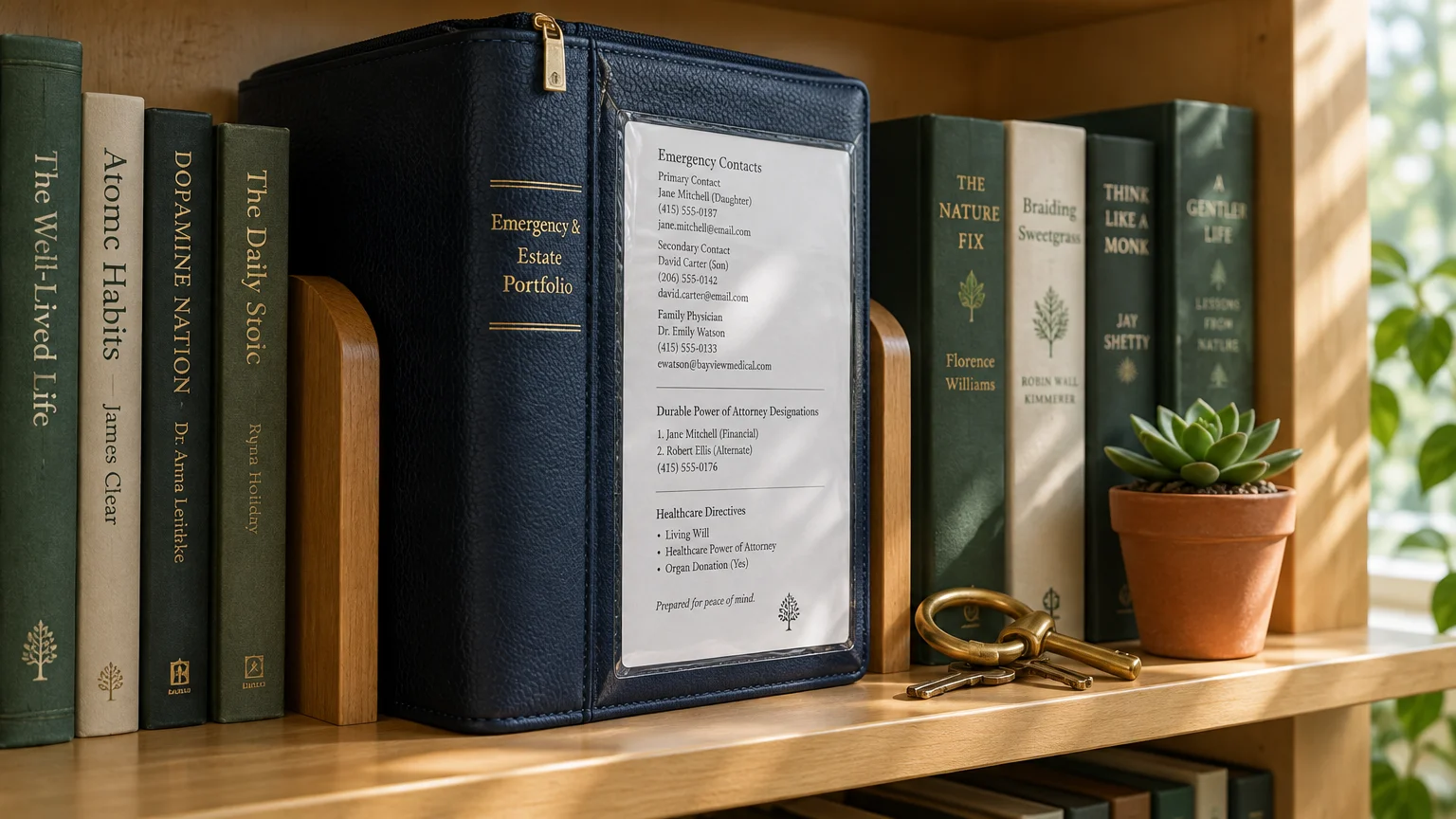 A blue leather emergency and estate portfolio binder displayed between books on a wooden bookshelf next to brass keys.