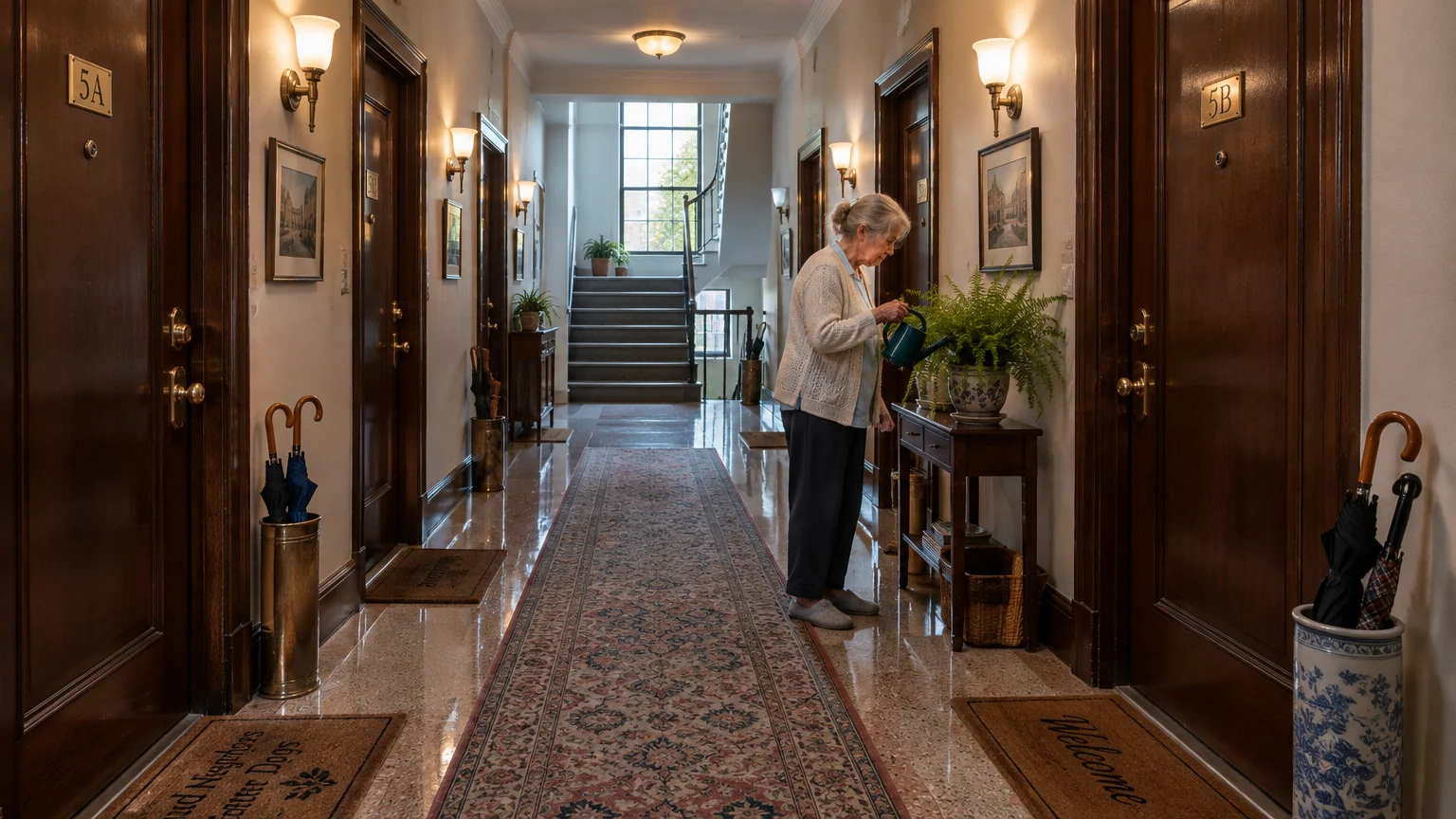 An elderly woman waters a potted fern in a carpeted, warmly lit apartment building hallway lined with dark wooden doors.