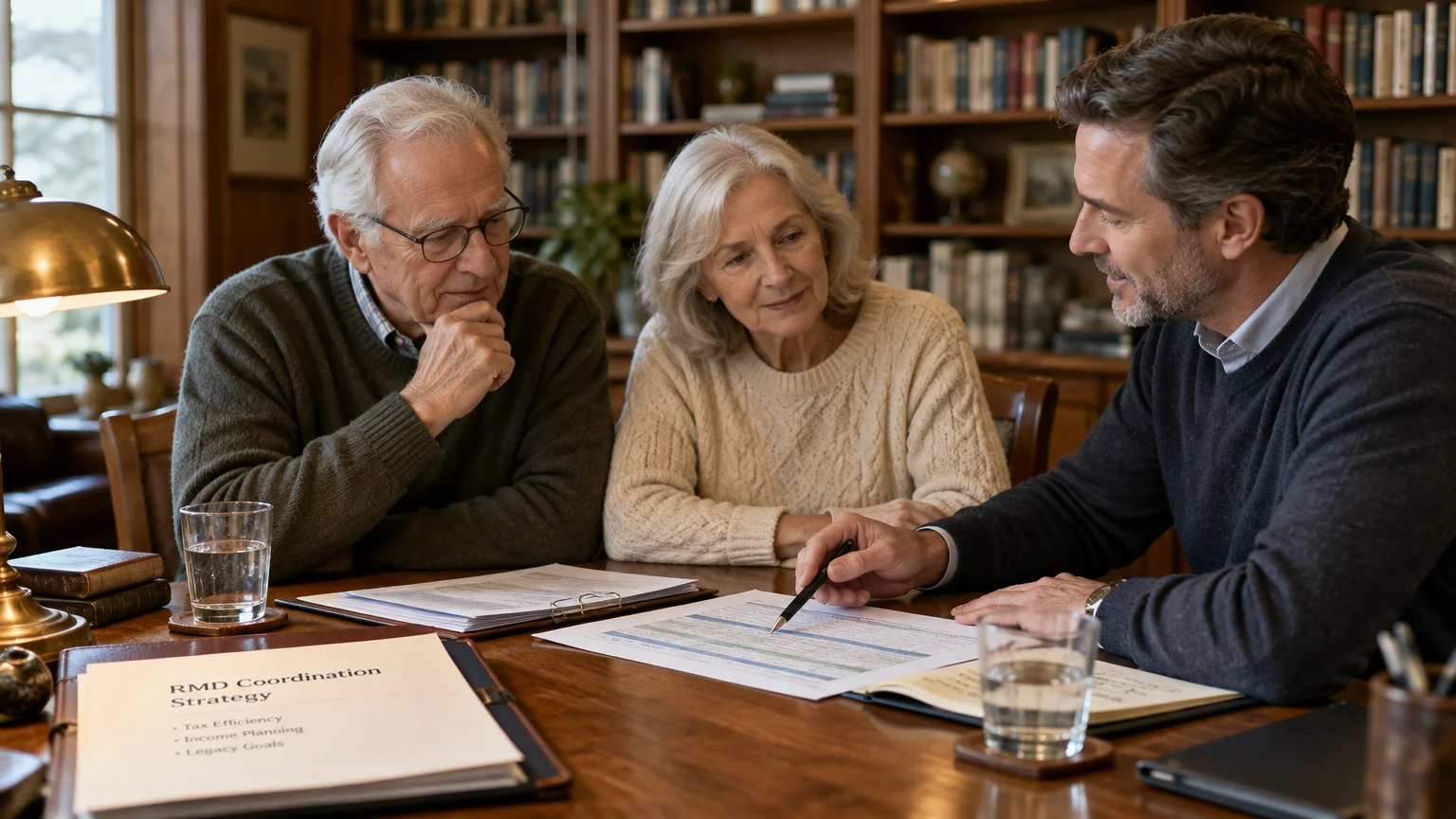 A senior couple reviews financial documents at a wooden table with an advisor pointing at paperwork in a library.