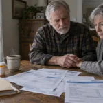 An older couple sitting at a wooden table looking anxiously at paperwork spread out next to medication.