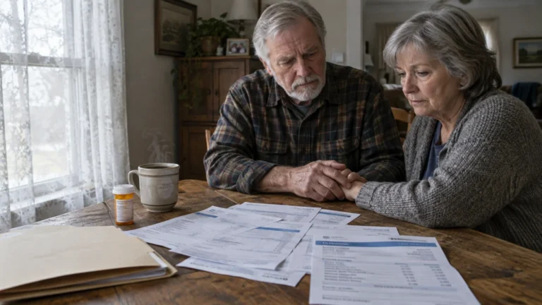 An older couple sitting at a wooden table looking anxiously at paperwork spread out next to medication.