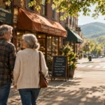 Older couple walking down a sunny small-town sidewalk past brick storefronts, a hardware store, and a bakery.