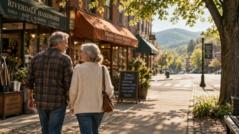 Older couple walking down a sunny small-town sidewalk past brick storefronts, a hardware store, and a bakery.