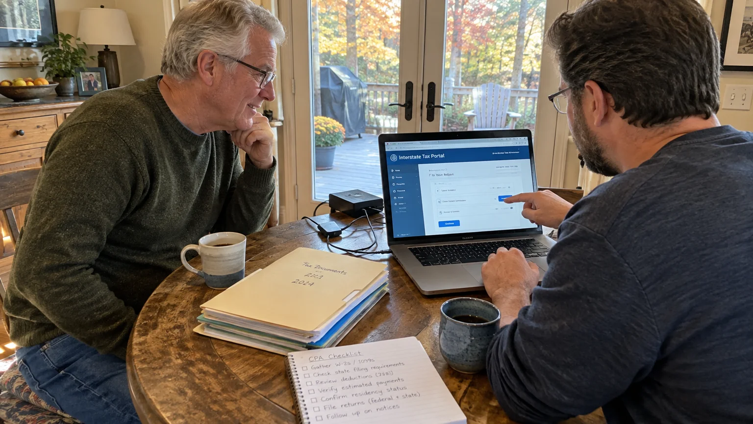 Two men sitting at a wooden table reviewing an Interstate Tax Portal on a laptop beside tax documents and coffee mugs.
