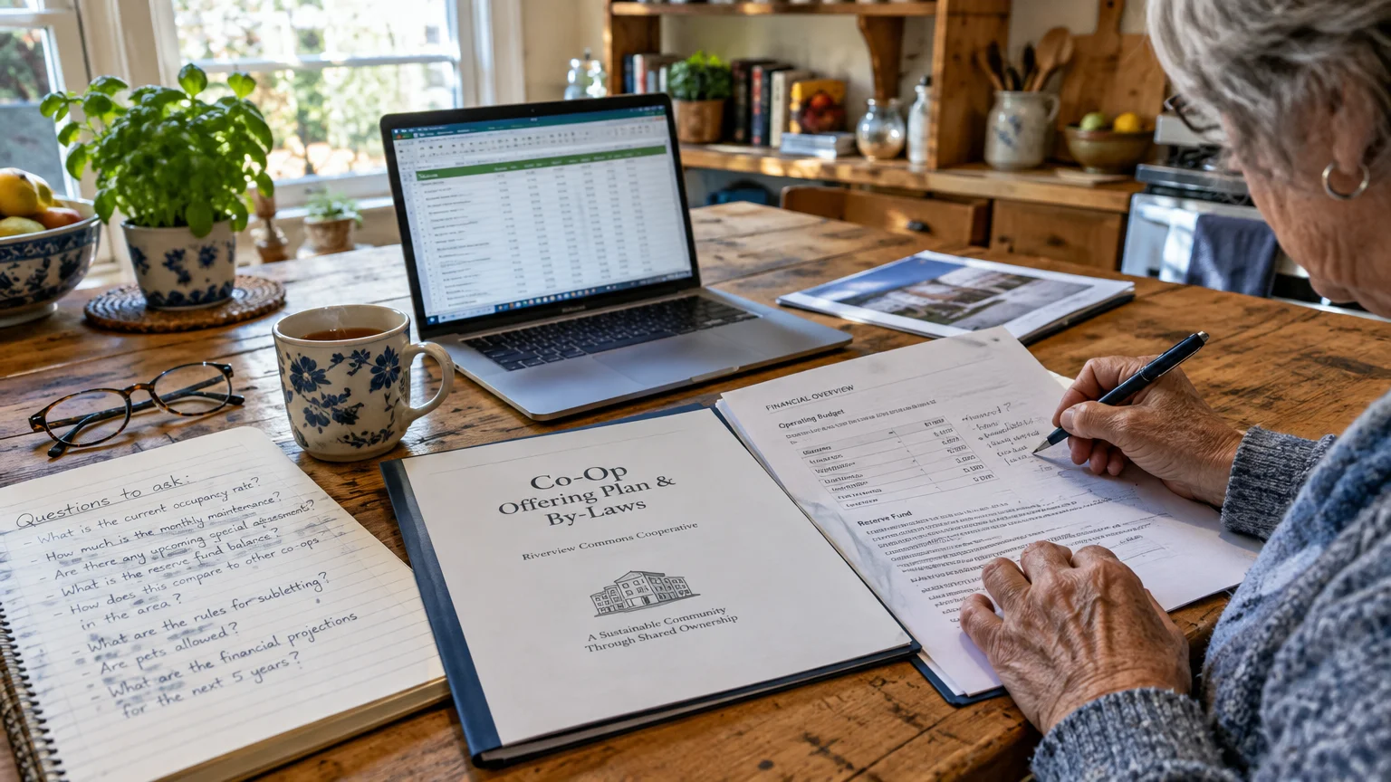 Senior person reviewing a co-op offering plan and financial documents with a pen beside a laptop and tea.