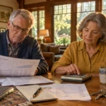 An older man and woman sit at a wooden table reviewing financial paperwork and using a calculator.