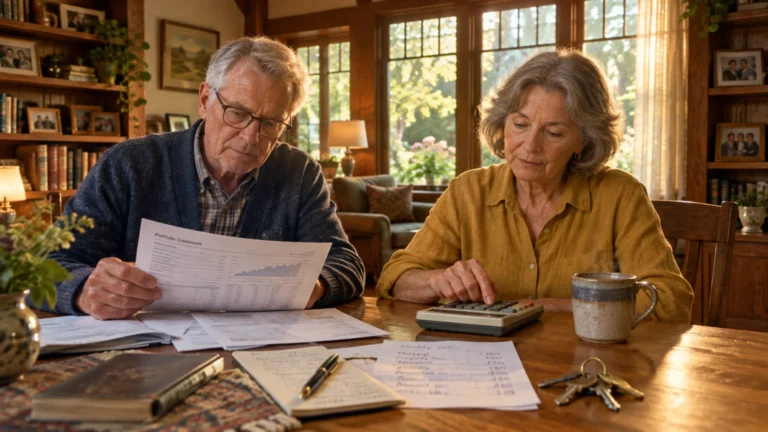 An older man and woman sit at a wooden table reviewing financial paperwork and using a calculator.