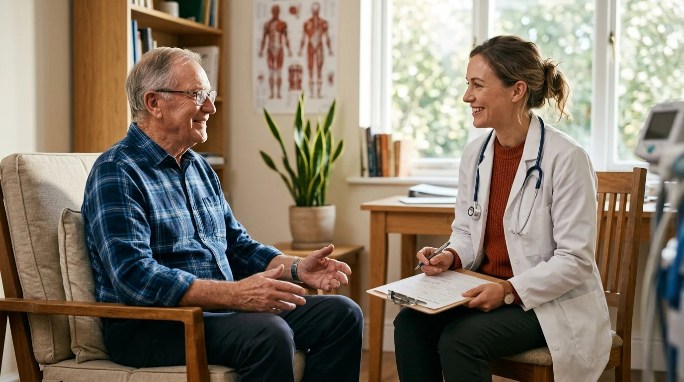 A smiling doctor holding a clipboard talks with an older male patient seated in a bright clinic office.