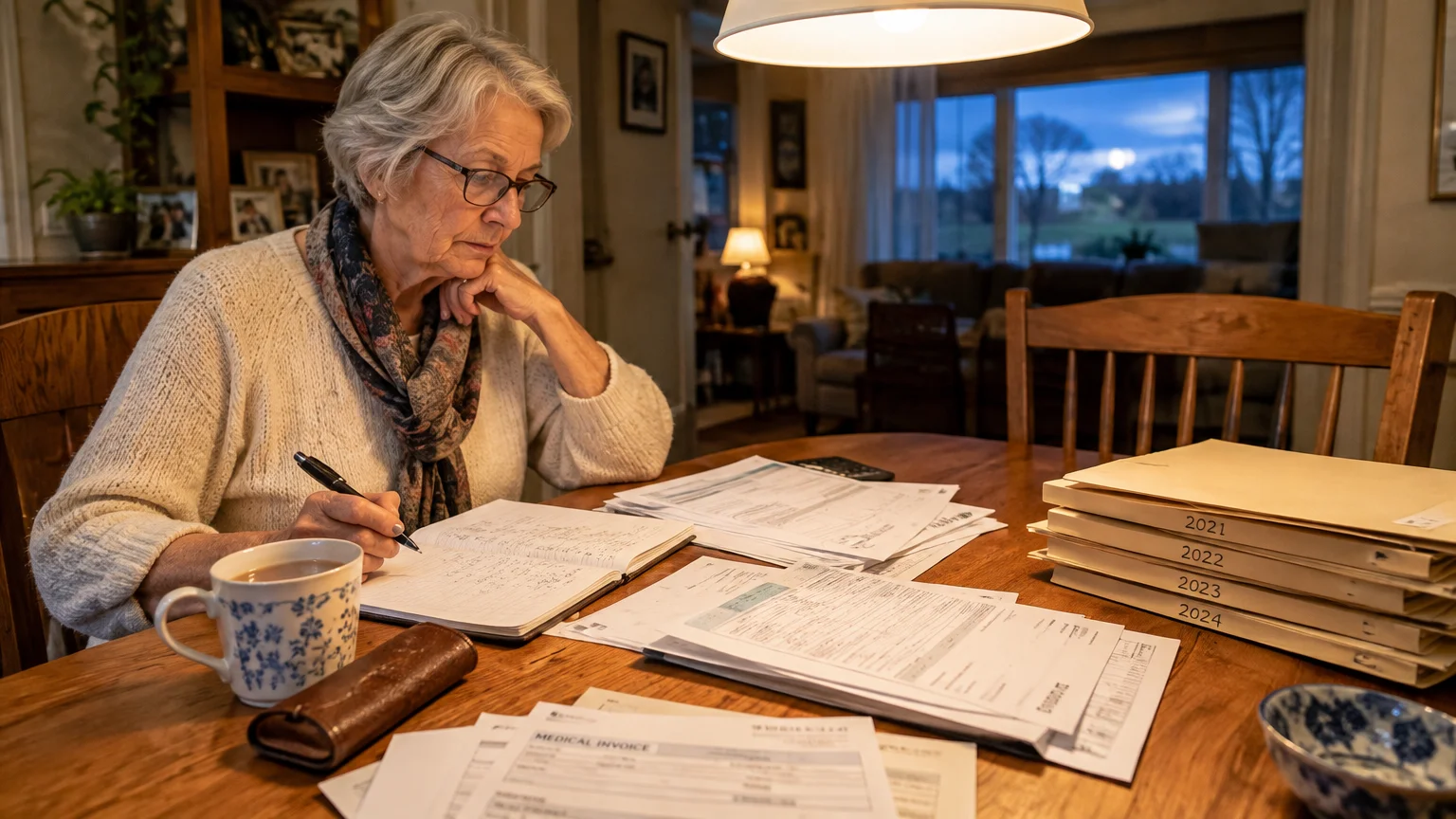 Senior woman sitting at a dining table reviewing paperwork, medical invoices, and stacked folders under a hanging light.