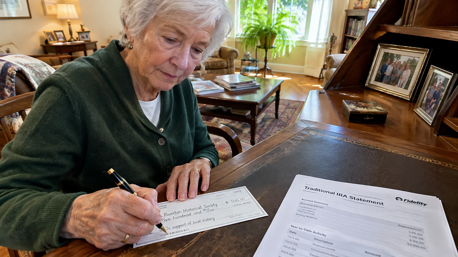An older woman writes a check at a wooden desk beside a printed traditional IRA statement.