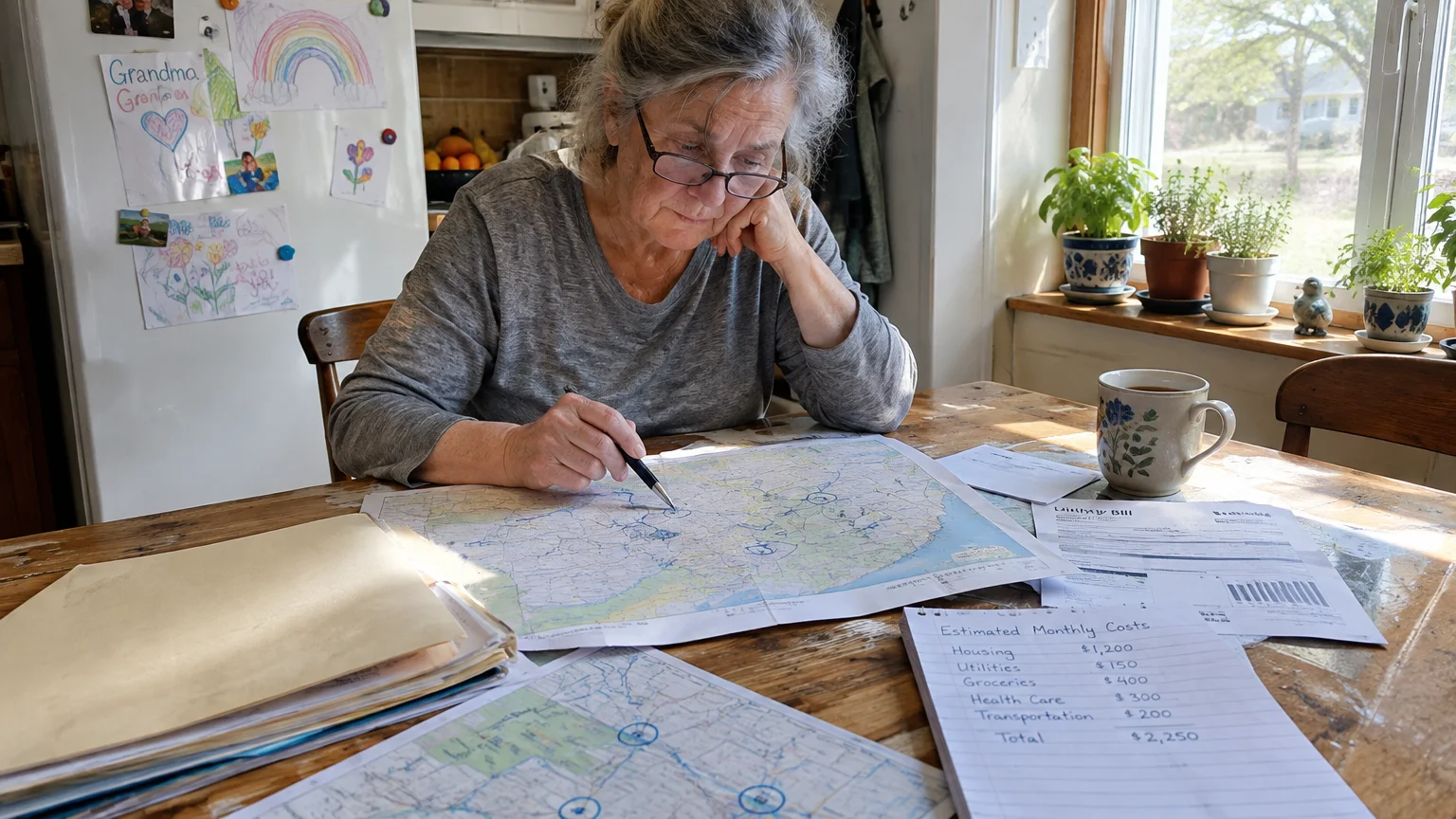 An older woman with glasses sits at a table studying a map alongside an estimated monthly cost sheet.