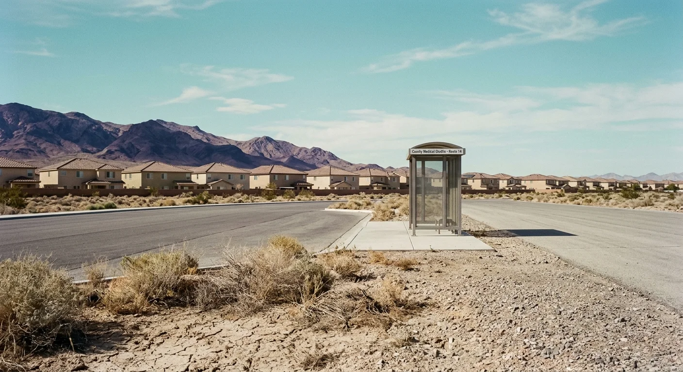 Empty bus shelter on a paved road beside desert scrubland and a suburban housing development against distant mountains.