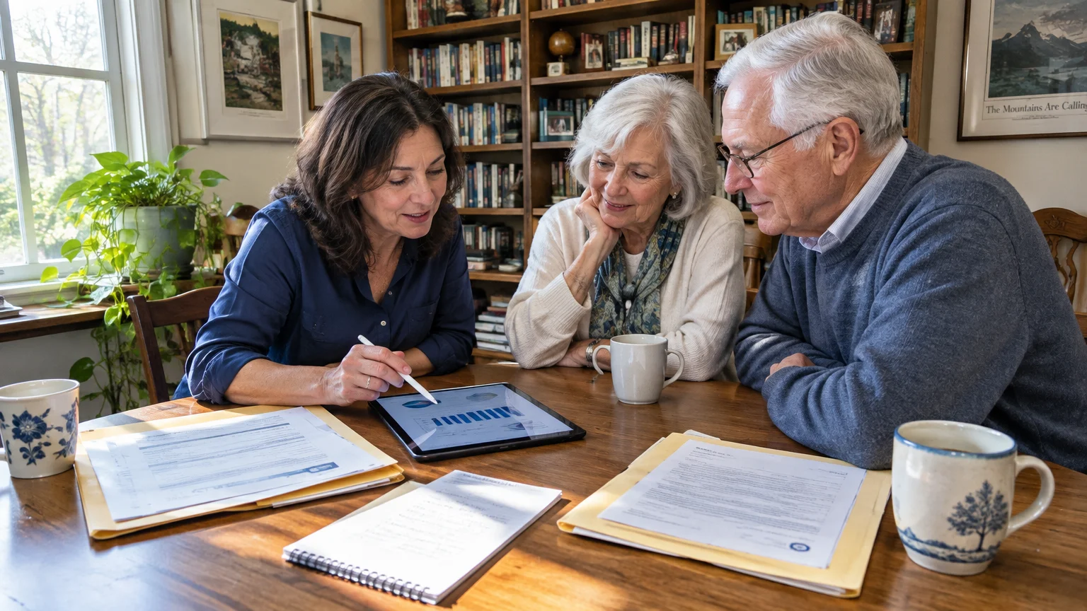 A woman points a stylus at a tablet screen while discussing financial papers with an older couple at a wooden table.