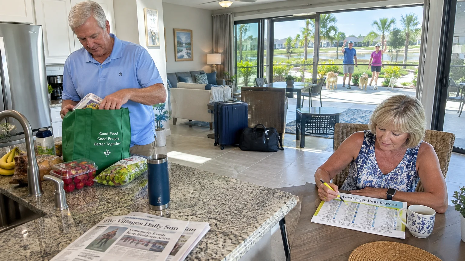 A senior man unpacks groceries while a woman reviews an activities schedule inside a bright resort villa.