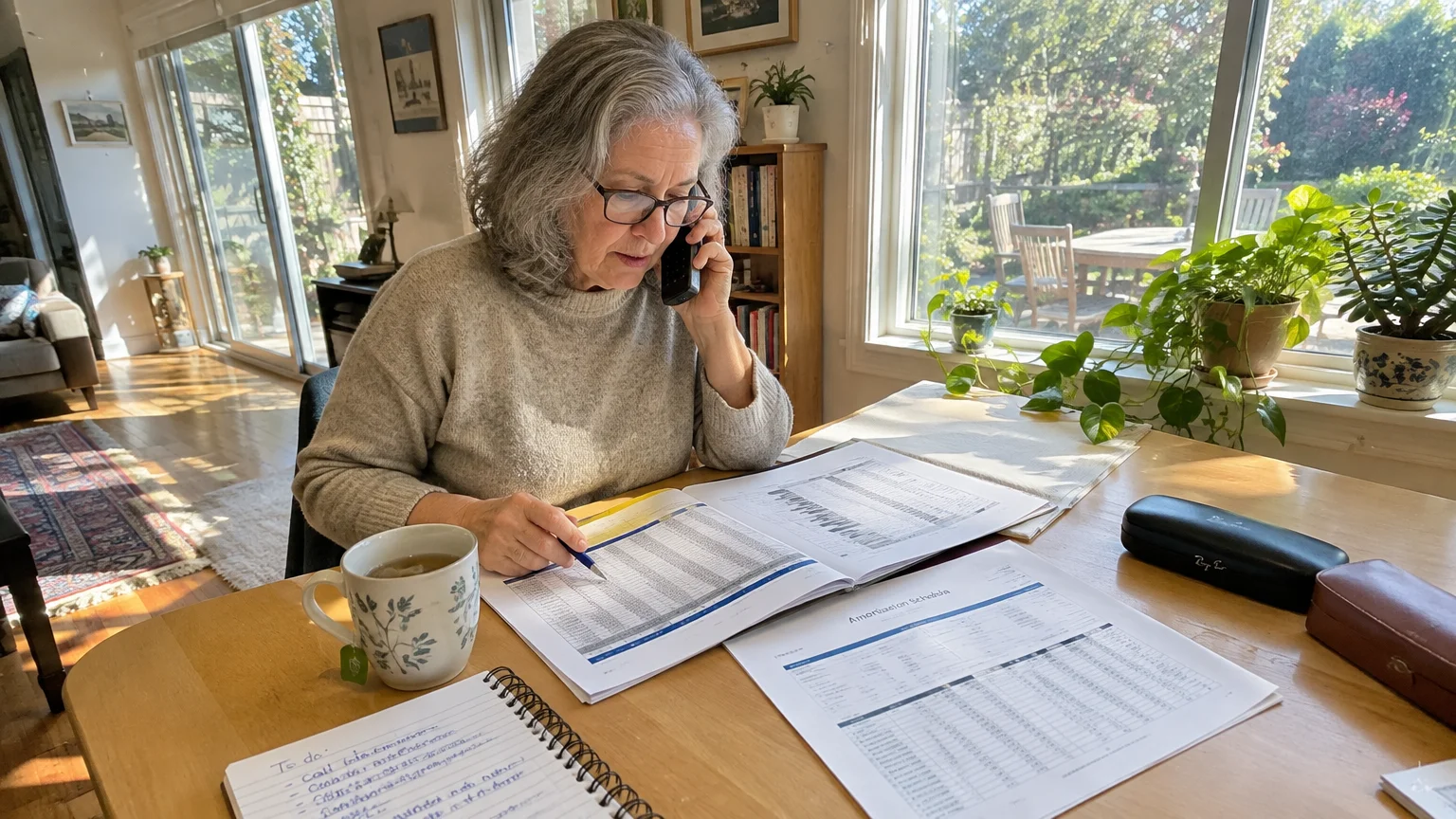 A senior woman wearing glasses talks on the phone while reviewing financial documents at a sunlit wooden table.