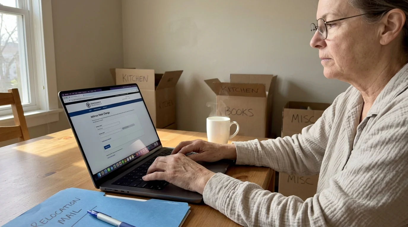 A woman types on a laptop at a wooden dining table surrounded by packed moving boxes.