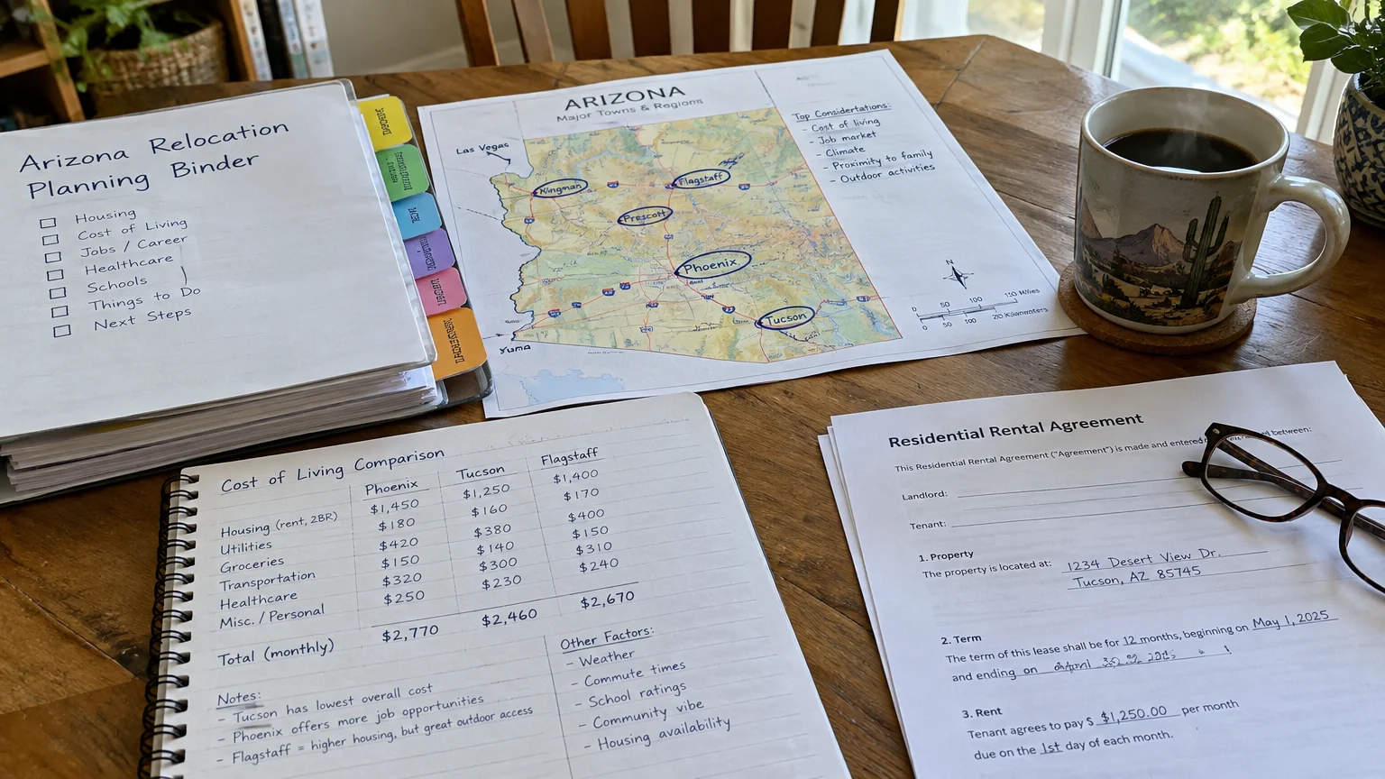 Arizona relocation binder, regional map, cost of living comparison notebook, rental agreement, eyeglasses, and coffee mug.