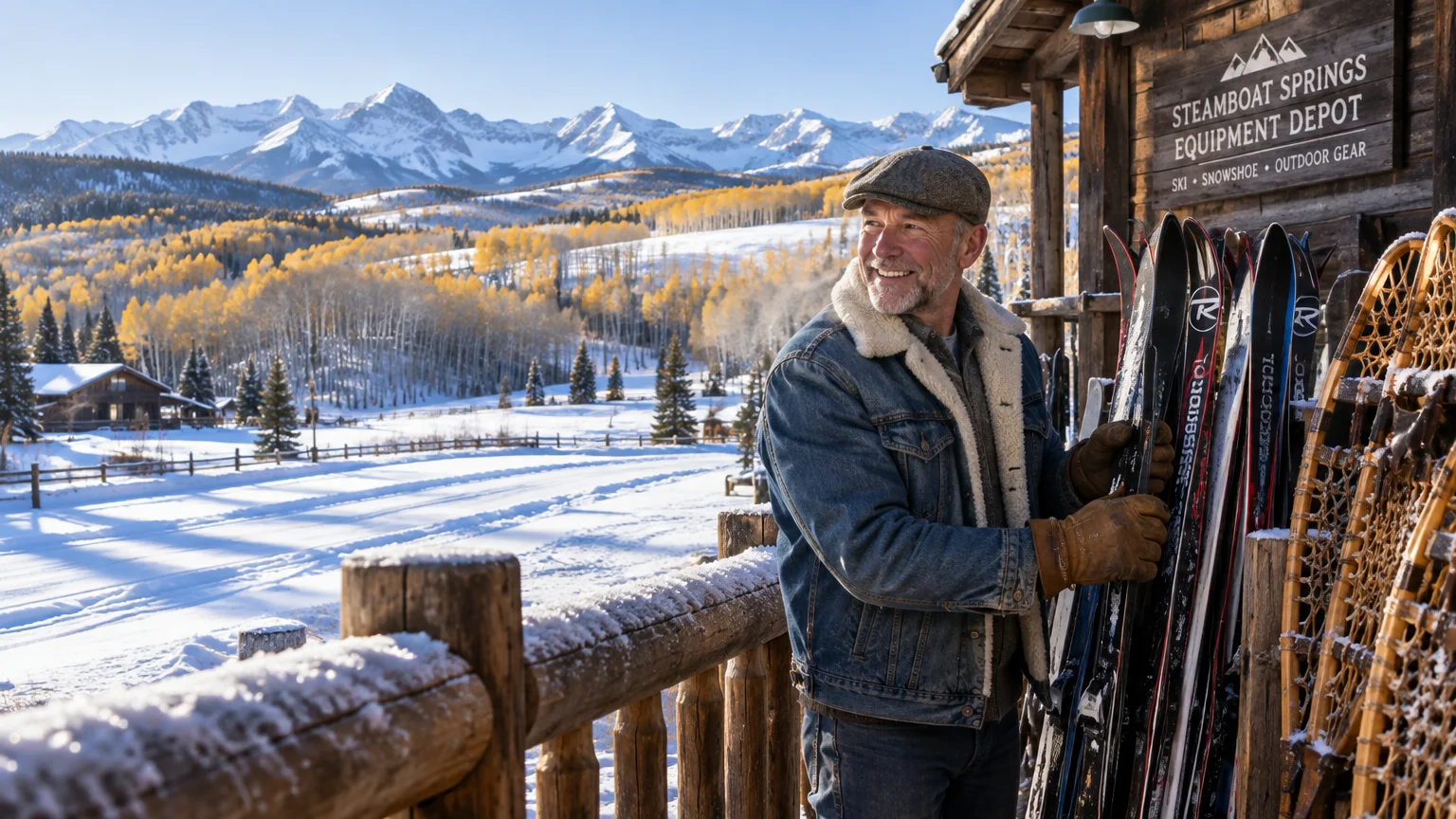 Smiling man in a flat cap and denim jacket handling skis outside a rustic equipment depot in snowy mountains.