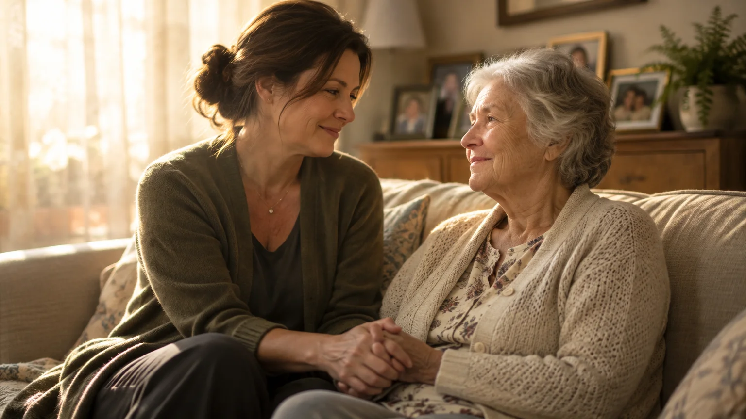An adult daughter sits on a sofa holding hands and smiling warmly with an elderly senior woman in a sunlit living room.