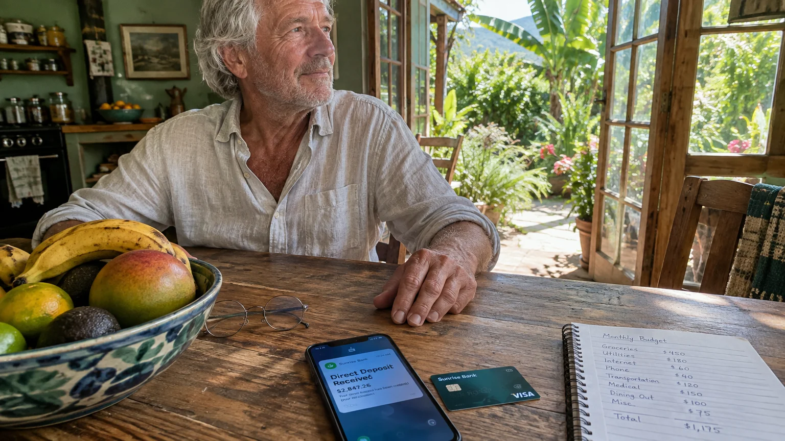 Senior man sitting at a rustic wooden table with fruit, a budget notebook, and a phone displaying a direct deposit alert.