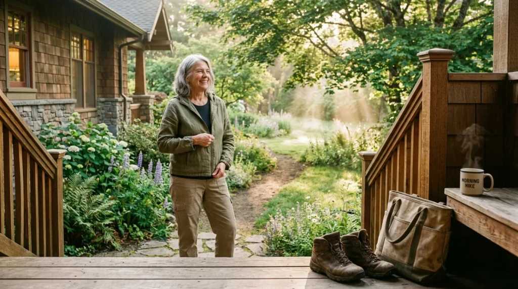 A smiling senior woman stands outside near a porch surrounded by lush garden greenery, hiking boots, and a warm mug.