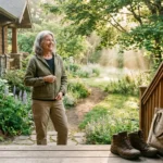 A smiling senior woman stands outside near a porch surrounded by lush garden greenery, hiking boots, and a warm mug.