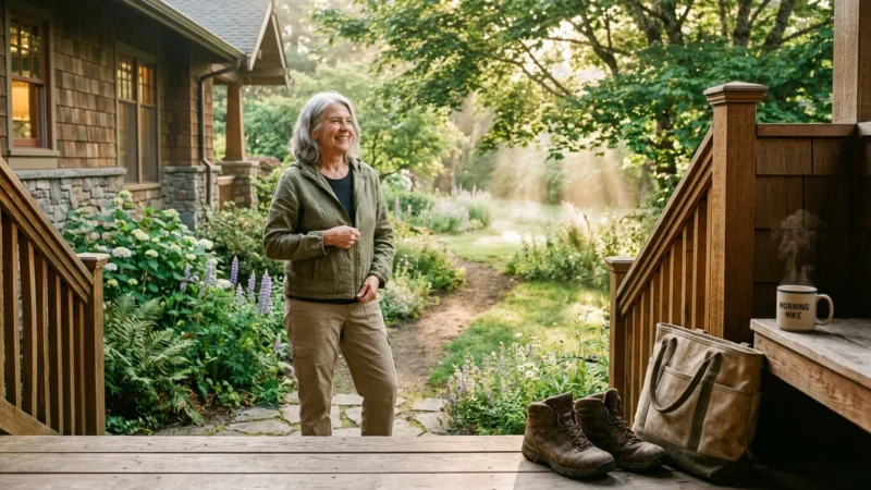 A smiling senior woman stands outside near a porch surrounded by lush garden greenery, hiking boots, and a warm mug.