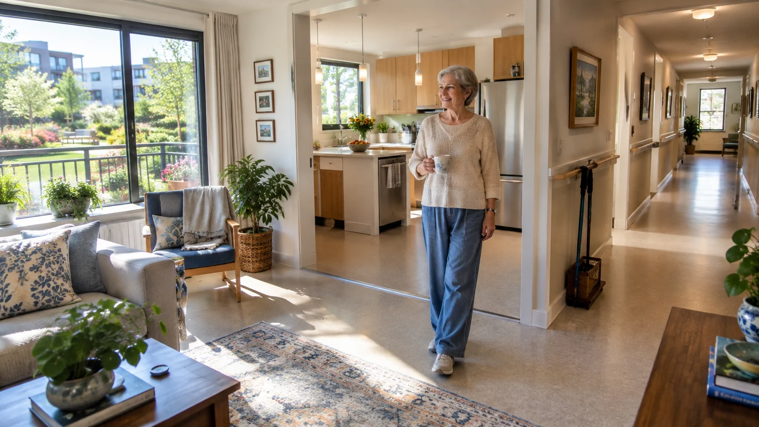 Senior woman holding a mug walks through a bright, open-concept apartment with wide doorways and a hallway equipped with handrails.