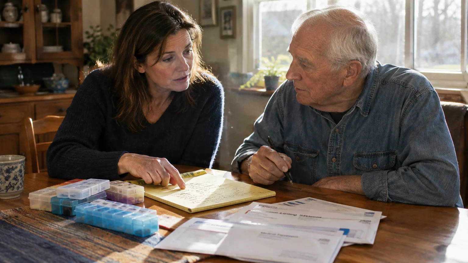 A woman and an older man review documents and medication organizers together at a wooden dining table.
