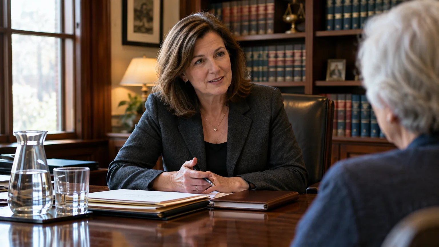 Female attorney in a grey blazer speaking with an older client across a wooden desk in a law office.