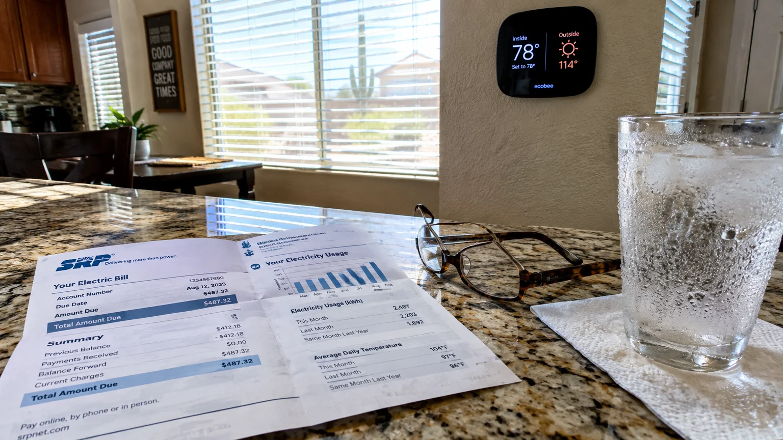 An electric bill, eyeglasses, and an iced glass sit on a counter beside a digital thermostat displaying 114 degrees outside.