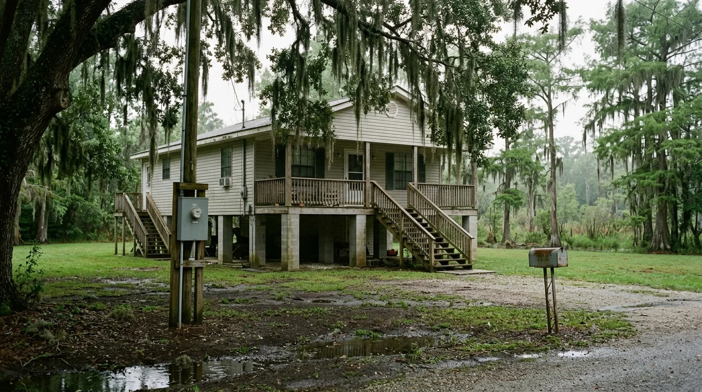 Elevated house on concrete pilings surrounded by moss-draped trees, puddles, and a wet driveway.