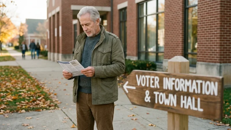 Older man in a green jacket reading a pamphlet beside a wooden arrow sign pointing toward voter information.