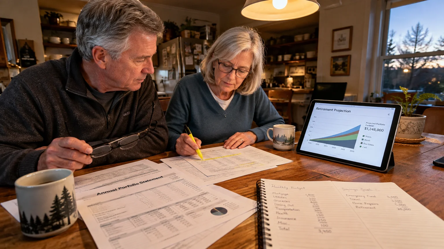 Senior couple reviewing financial paperwork, budget notes, and a retirement projection graph on a tablet at a table.