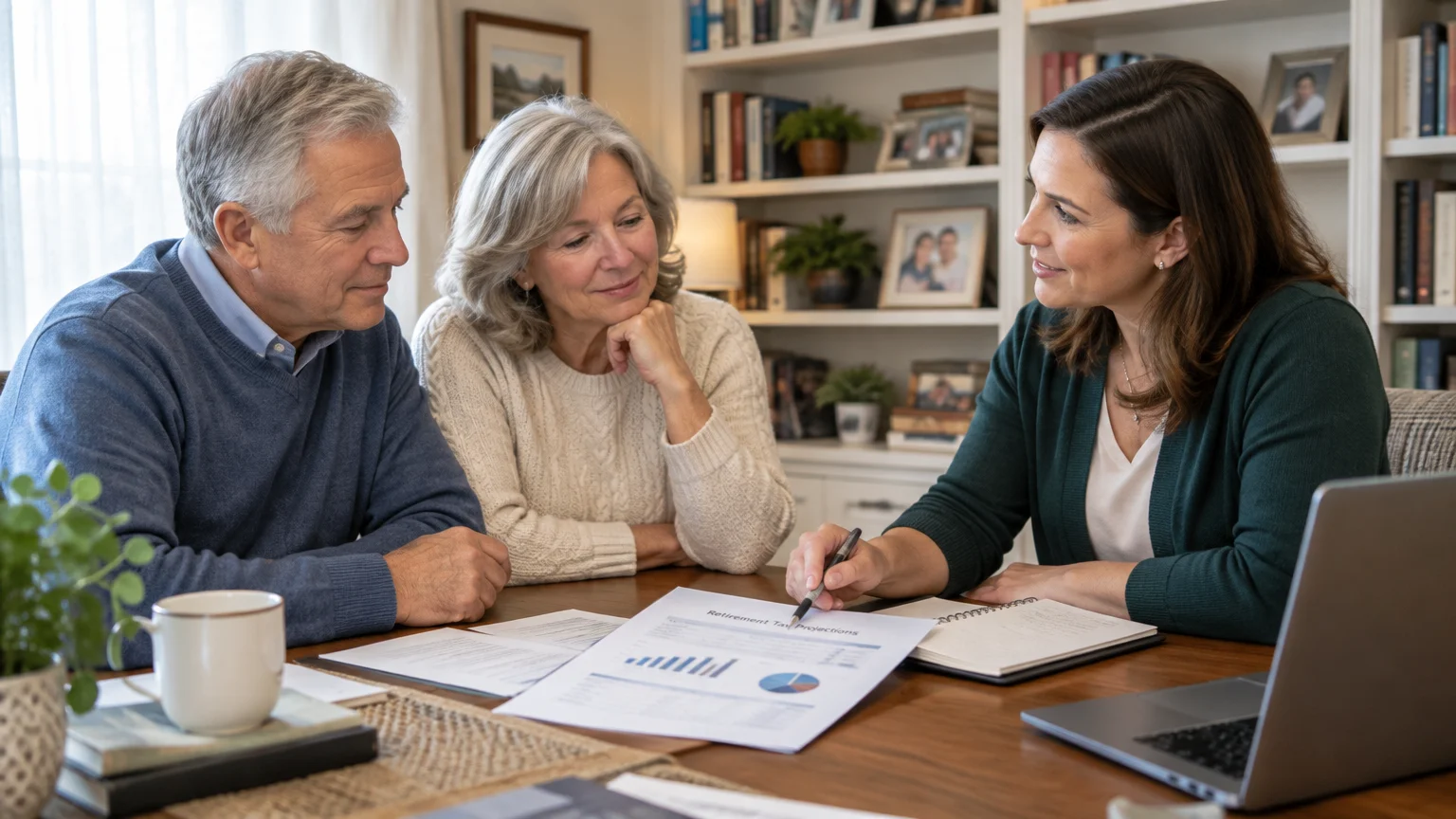 A financial advisor reviews retirement documents with an older couple seated at a wooden table in a living room.