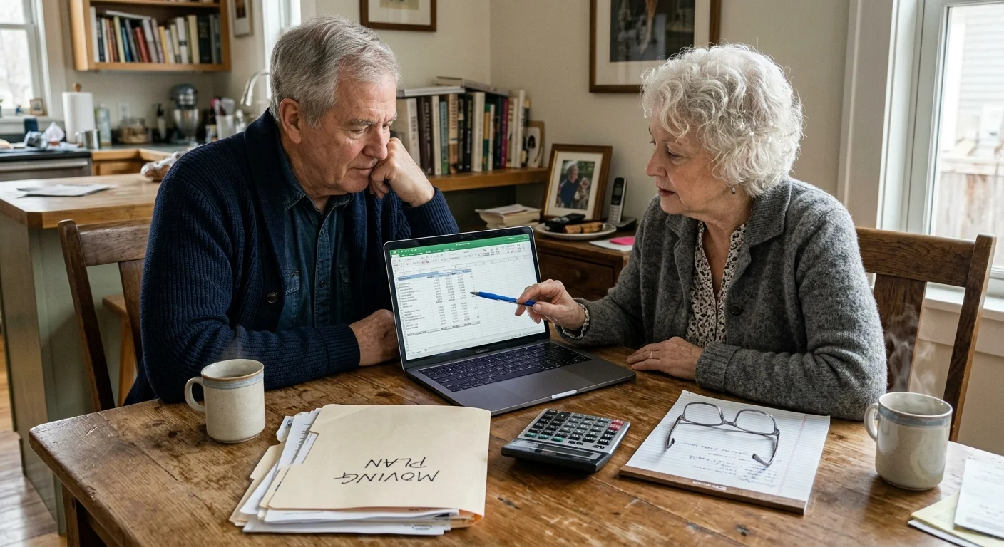A senior man and woman sit at a table reviewing a spreadsheet on a laptop next to a moving plan folder.