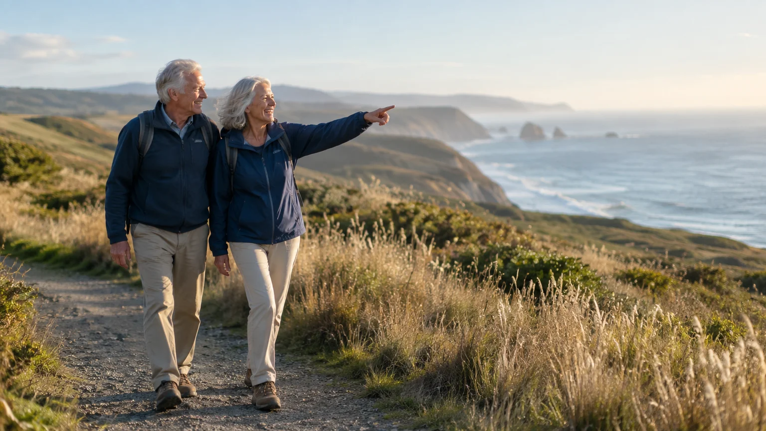 An older couple in hiking clothes walks along a coastal trail as the woman points toward the ocean.