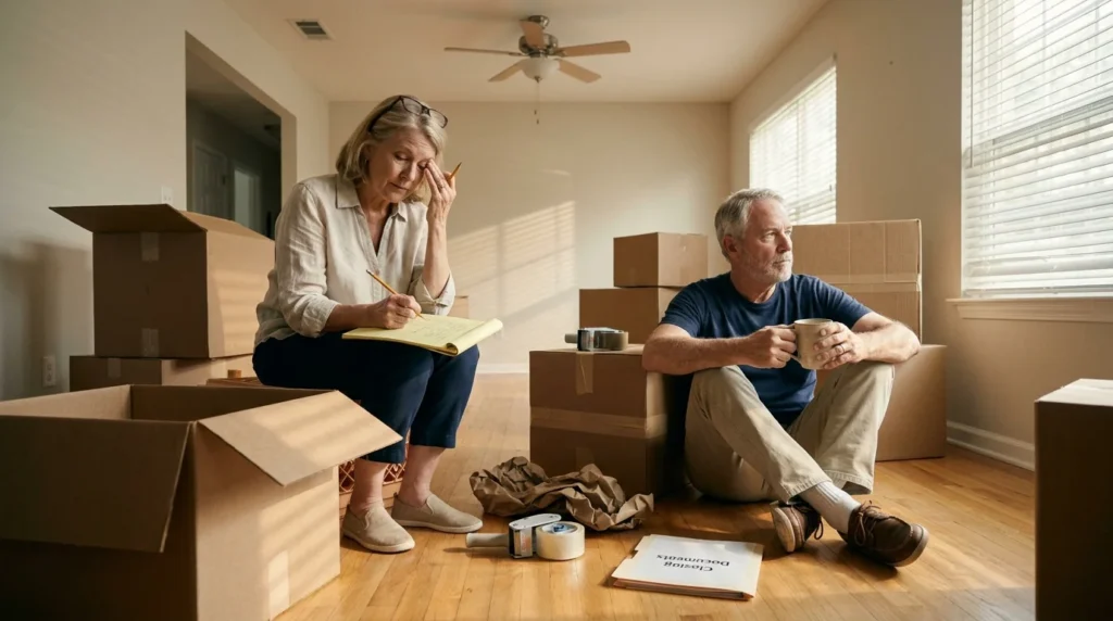 A stressed older couple sits on the floor of an empty living room surrounded by unpacked cardboard moving boxes.