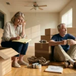 A stressed older couple sits on the floor of an empty living room surrounded by unpacked cardboard moving boxes.
