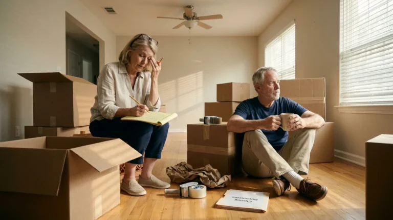 A stressed older couple sits on the floor of an empty living room surrounded by unpacked cardboard moving boxes.
