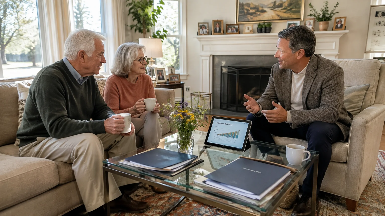 A financial advisor speaks with a senior couple in a living room around a coffee table with charts on a tablet.