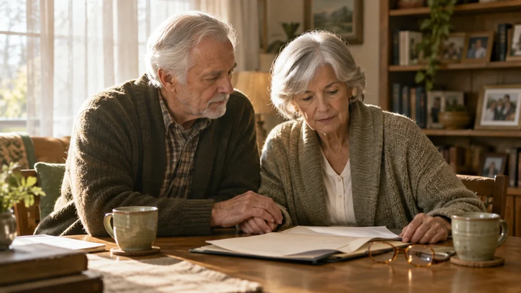 An older man and woman seated at a wooden table reviewing printed documents together in a sunlit living room.