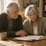 An older man and woman seated at a wooden table reviewing printed documents together in a sunlit living room.